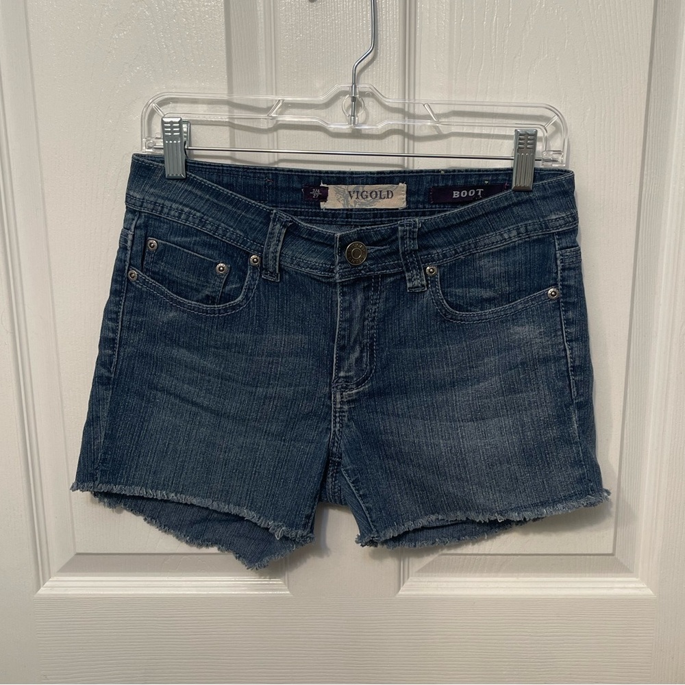 Vigold Medium Wash Mid Rise Denim Jean Cut Off Shorts w/ Rhinestone Pockets 3/4